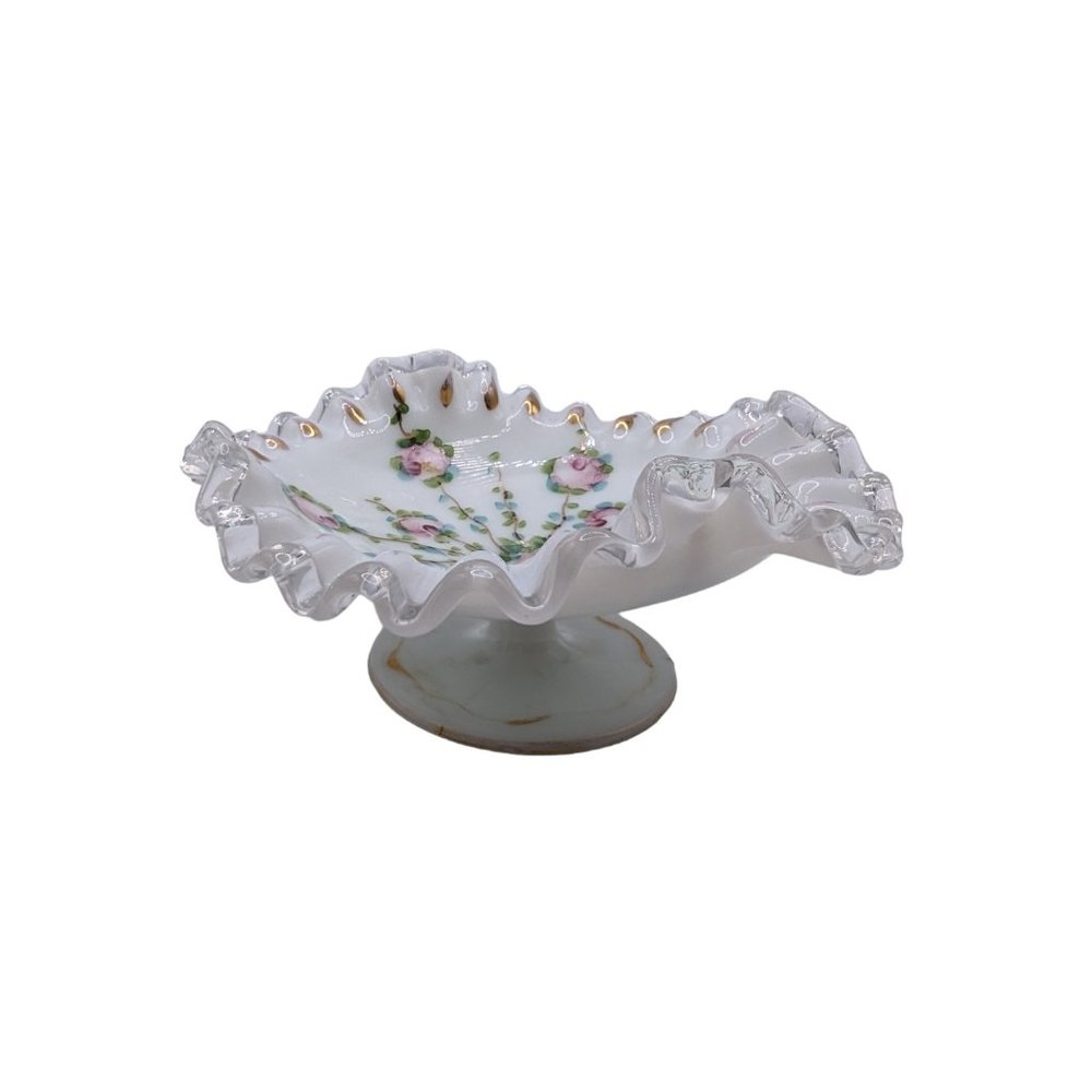 Fenton Silver Crest Charleton Rose Hand Painted Compote With Gold Trim - Picture 12 of 15